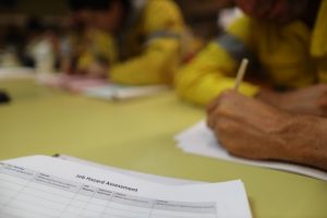 people in Hi-Vis writing on forms