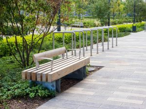 park bench and bicycle racks